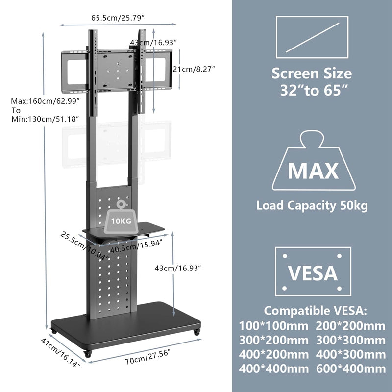 Draaibare TV Vloerstandaard 32–65 inch – Mobiele TV Beugel met Hoogteverstelling