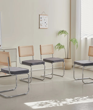 Set van 2 Retro Eetkamerstoelen – Rotan Look – Comfortabele Fluwelen Zitting – Stevig Metalen Frame – Boog Rugleuning – Natuurlijke Kleur