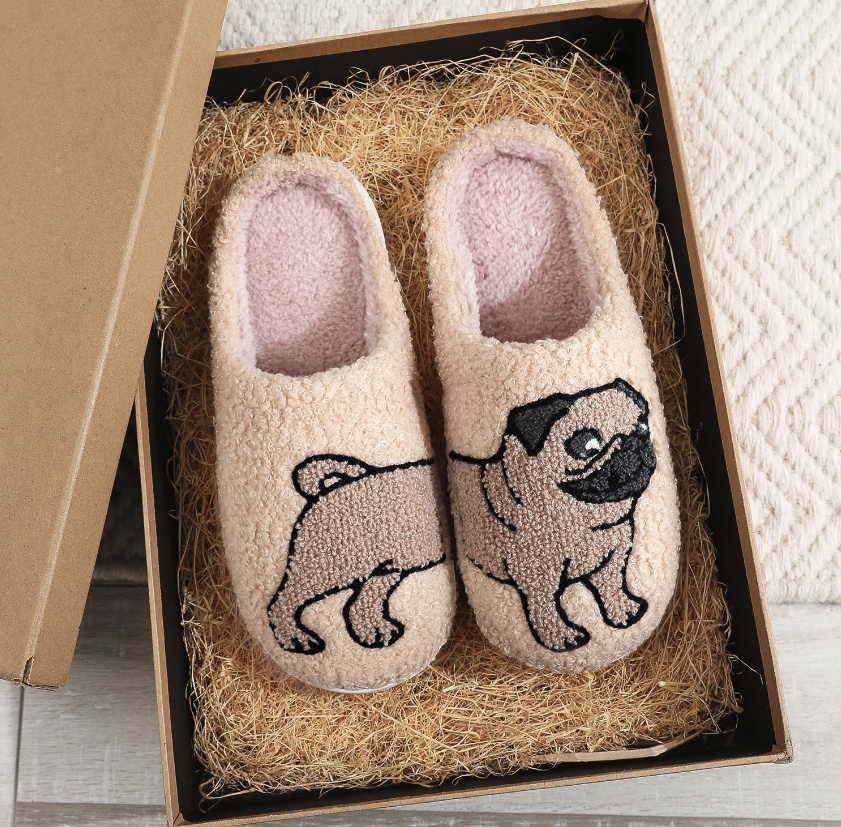 Mopshond (Pug) Pantoffels - Pluche Gevoerd met Antislip