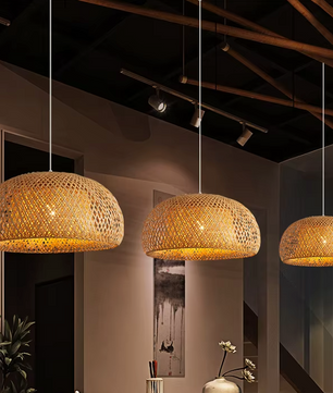 Boho Plafondlamp - Natuurlijke Bamboe en Rotan Plafondlamp - Handgeweven Designlamp