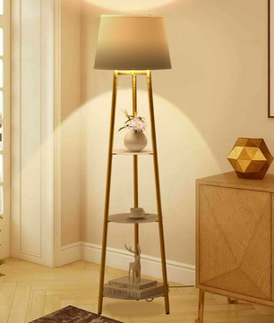 Luvodi Moderne Driepoot LED Vloerlamp – Stijlvolle Staande Lamp met Opslagplanken