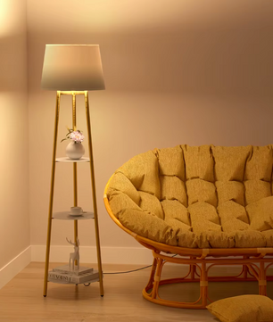 Luvodi Moderne Driepoot LED Vloerlamp – Stijlvolle Staande Lamp met Opslagplanken
