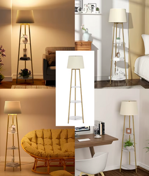 Luvodi Moderne Driepoot LED Vloerlamp – Stijlvolle Staande Lamp met Opslagplanken
