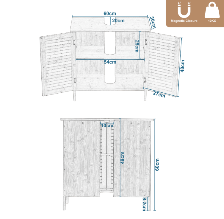 Bamboe Wastafelkast met 2 Deuren – 60x30x60cm