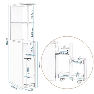 Witte Badkamer Niskast met Lade en Wielen – 45x19x113cm