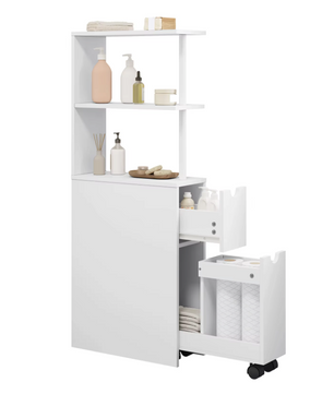Witte Badkamer Niskast met Lade en Wielen – 45x19x113cm
