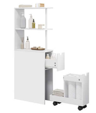 Witte Badkamer Niskast met Lade en Wielen – 45x19x113cm