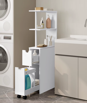 Witte Badkamer Niskast met Lade en Wielen – 45x19x113cm