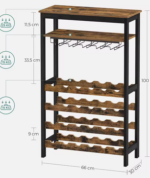 Industrieel Wijnrek Voor 24 Wijnflessen Met Glazenhouder – 66x30x100cm