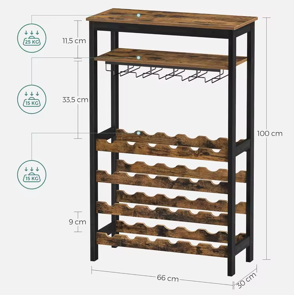 Industrieel Wijnrek Voor 24 Wijnflessen Met Glazenhouder – 66x30x100cm