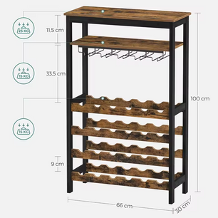 Industrieel Wijnrek Voor 24 Wijnflessen Met Glazenhouder – 66x30x100cm