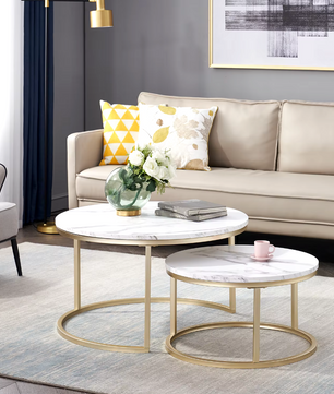 2-Delige Marmeren Textuur Salontafel Set – Goud en Wit