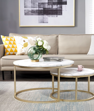 2-Delige Marmeren Textuur Salontafel Set – Goud en Wit