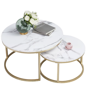 2-Delige Marmeren Textuur Salontafel Set – Goud en Wit