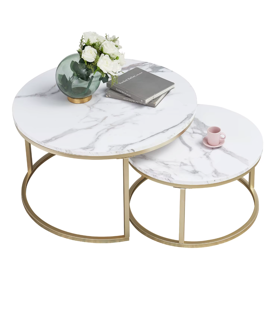 2-Delige Marmeren Textuur Salontafel Set – Goud en Wit