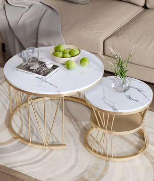 2-Delige Moderne Ronde Salontafel Set – Marmeren Textuur