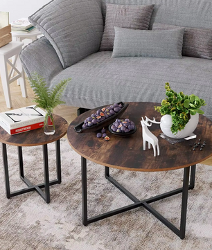 2-delige Salontafel Set – Vintage Houten Bijzettafels met Metalen Poten