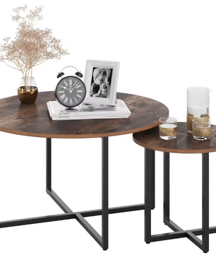 2-delige Salontafel Set – Vintage Houten Bijzettafels met Metalen Poten