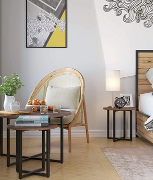 2-delige Salontafel Set – Vintage Houten Bijzettafels met Metalen Poten