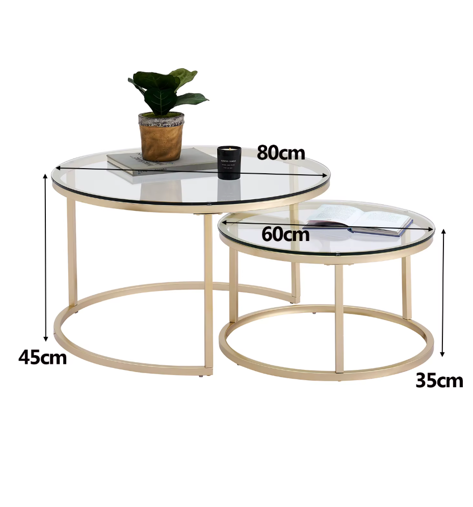 2-in-1 Ronde Glazen Salontafel Set – Goud