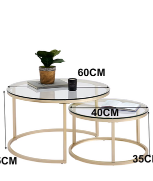 2-in-1 Ronde Glazen Salontafel Set – Goud