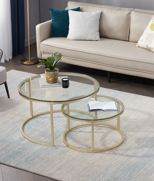2-in-1 Ronde Glazen Salontafel Set – Goud