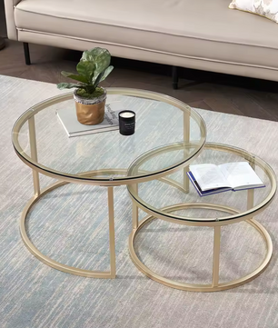 2-in-1 Ronde Glazen Salontafel Set – Goud