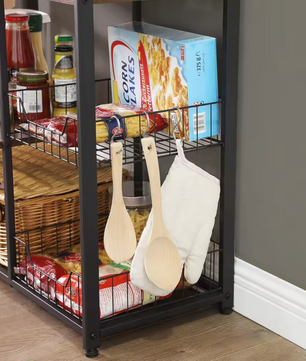 Industrieel Keukenrek – 4 Verdiepingen, 2 Manden en 6 Haken – 80x35x95cm