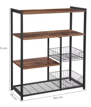 Industrieel Keukenrek – 4 Verdiepingen, 2 Manden en 6 Haken – 80x35x95cm