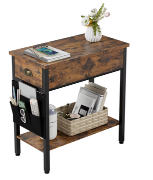 Retro Bijzettafel met Lade en Stoffen Zijvak – Industrieel – 60x32x60cm