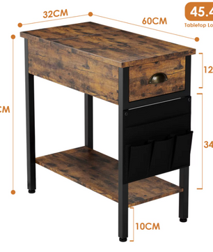 Retro Bijzettafel met Lade en Stoffen Zijvak – Industrieel – 60x32x60cm