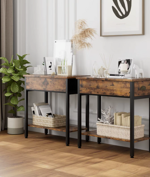 Retro Bijzettafel met Lade en Stoffen Zijvak – Industrieel – 60x32x60cm
