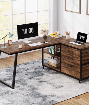 L-vormig Bureau met 3 Lades – Vintage Bruin-Zwart