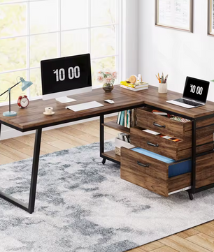 L-vormig Bureau met 3 Lades – Vintage Bruin-Zwart
