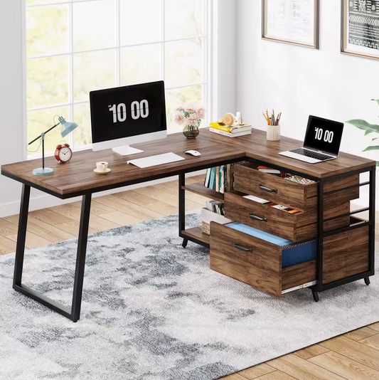 L-vormig Bureau met 3 Lades – Vintage Bruin-Zwart