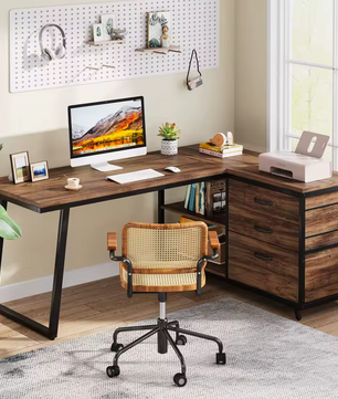 L-vormig Bureau met 3 Lades – Vintage Bruin-Zwart