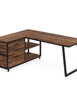 L-vormig Bureau met 3 Lades – Vintage Bruin-Zwart