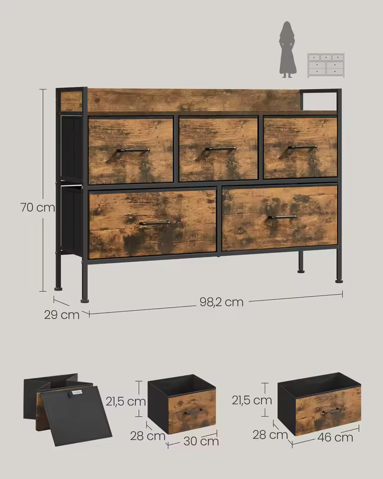 Industrieel Dressoir met 5 Stoffen Lades – Stijlvolle en Ruime Opbergkast