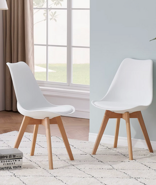 Set van 6 Scandinavische Eetkamerstoelen – PU-Lederen Zitting & Beukenhouten Poten