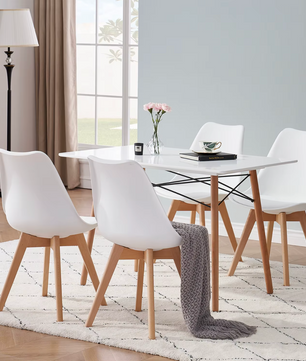 Set van 6 Scandinavische Eetkamerstoelen – PU-Lederen Zitting & Beukenhouten Poten