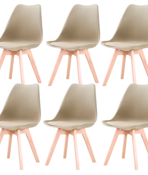 Set van 6 Scandinavische Eetkamerstoelen – PU-Lederen Zitting & Beukenhouten Poten