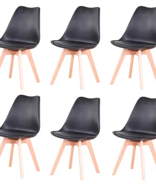 Set van 6 Scandinavische Eetkamerstoelen – PU-Lederen Zitting & Beukenhouten Poten