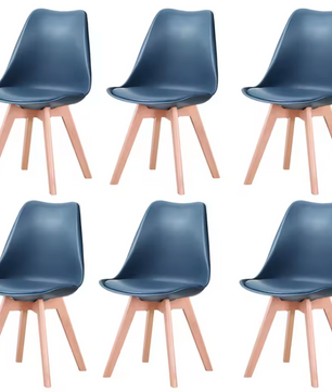 Set van 6 Scandinavische Eetkamerstoelen – PU-Lederen Zitting & Beukenhouten Poten