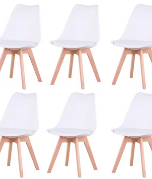 Set van 6 Scandinavische Eetkamerstoelen – PU-Lederen Zitting & Beukenhouten Poten