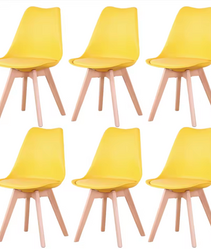 Set van 6 Scandinavische Eetkamerstoelen – PU-Lederen Zitting & Beukenhouten Poten