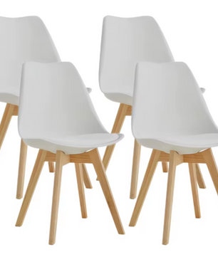 Set van 4/6 Scandinavische Stoelen Wit – PU-Lederen Zitting & Beukenhouten Poten