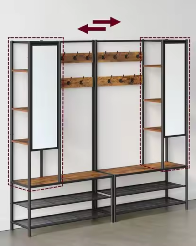 Hoge multifunctionele kapstok met spiegel, schoenenbank, plank en lades, MDF, wit en eiken (120x40x200cm Hoge multifunctionele kapstok met spiegel, schoenenbank, plank en lades, MDF, wit en eiken (120x40x200cm