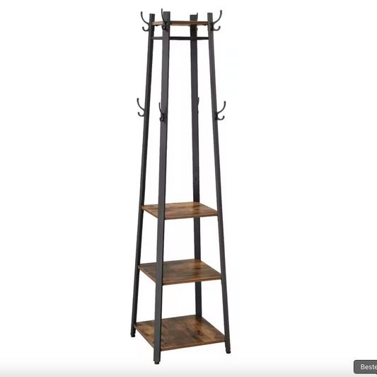 Vierkante Kapstok met 8 Haken en 3 Planken – Vintage Hout