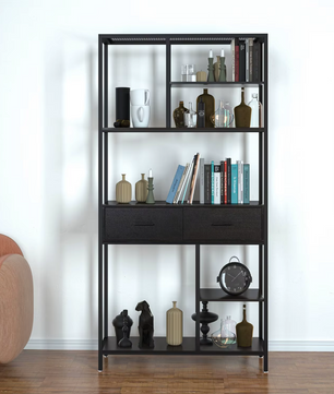 Hoge Industriële Boekenkast met Planken en Laden – Donker walnoot
