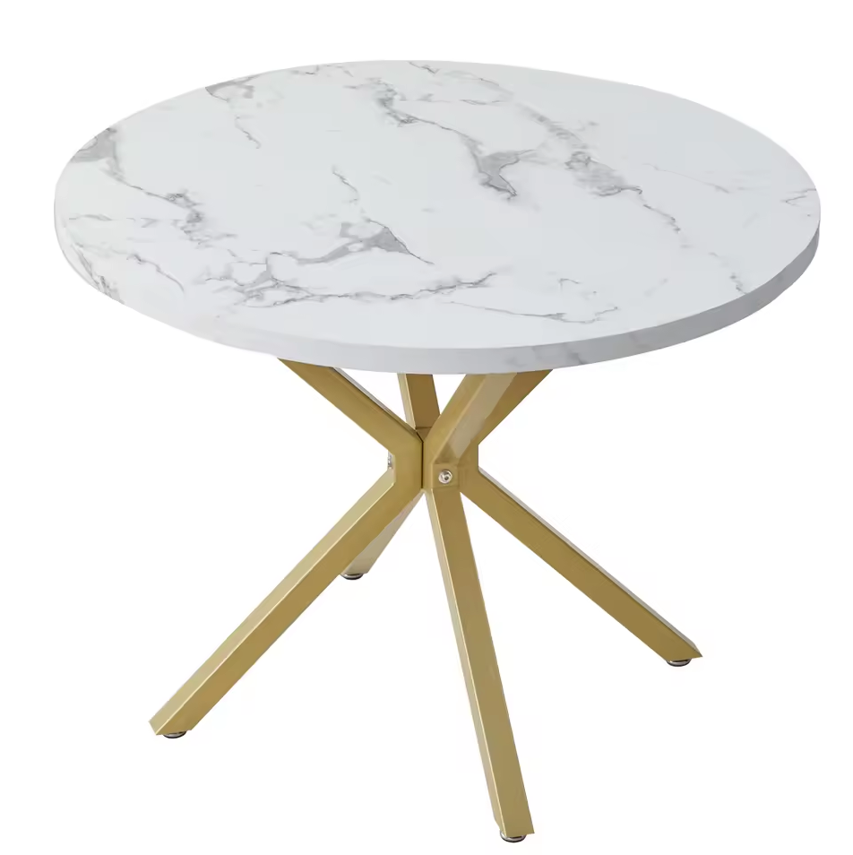 Nordic Ronde Tafel – Massief Houten Salontafel met Marmeren-look en Stalen Frame